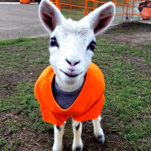 Image similar to cute baby goat wearing orange inmate clothes