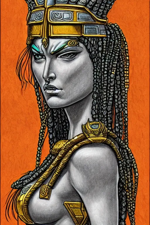 Image similar to The Godess Hera looking angry, detailed armor, portrait, highly detailed, colored pencil, beautiful face, symmetric face, cinematic, art by Hergé