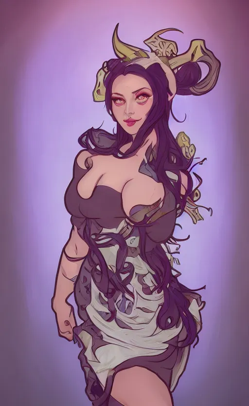 Prompt: Buxom Draenei in a dress, ambient lighting, 4k, alphonse mucha, lois van baarle, ilya kuvshinov, rossdraws, artstation