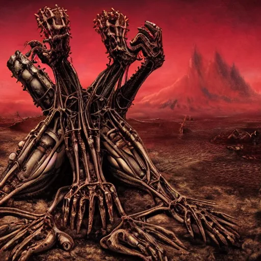 Image similar to conjoined demon twins sitting legs crossed in a desert hellscape covered in gore by Yoshitaka Amano, by HR Giger, biomechanical, 4k, hyper detailed, hyperrealism, anime, a Broken World demons flying overhead, red sky, blood and body parts, deviantart, artstation