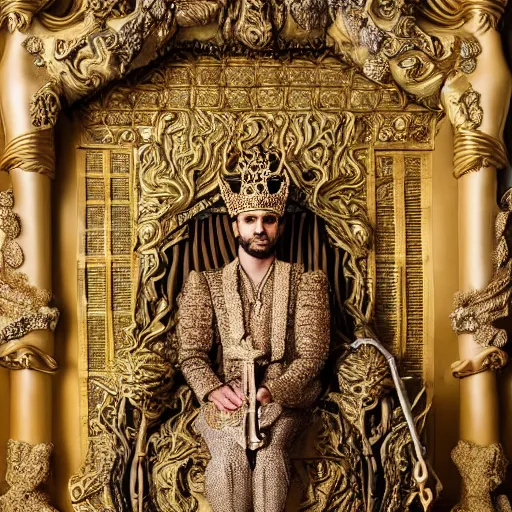 Prompt: Award Winning Highly Detailed Portrait Photo of beautiful Mythological King Royally with hyper-defined features decorated sitting in a shining Filigree throne designed by Gaudi, Silks, Furs, ermine, wide-angle long shot