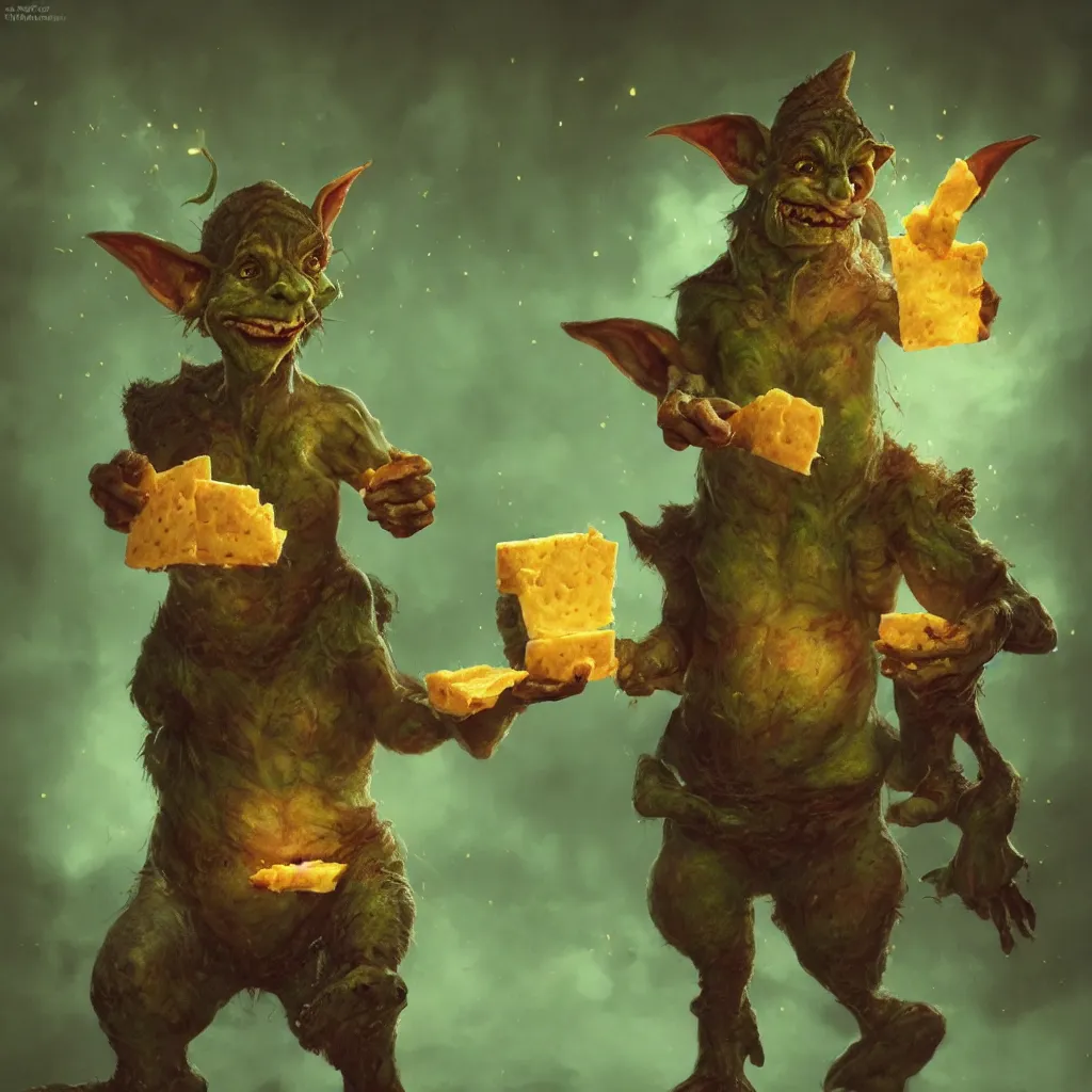 Image similar to Photorealistic fantasy painting of one single D&D goblin holding swiss cheese. Ominous green mist in the background. Magical occult photorealism, UHD, amazing depth, glowing, golden ratio, 3D octane cycle unreal engine 5, volumetric lighting, cinematic lighting, cgstation artstation concept art