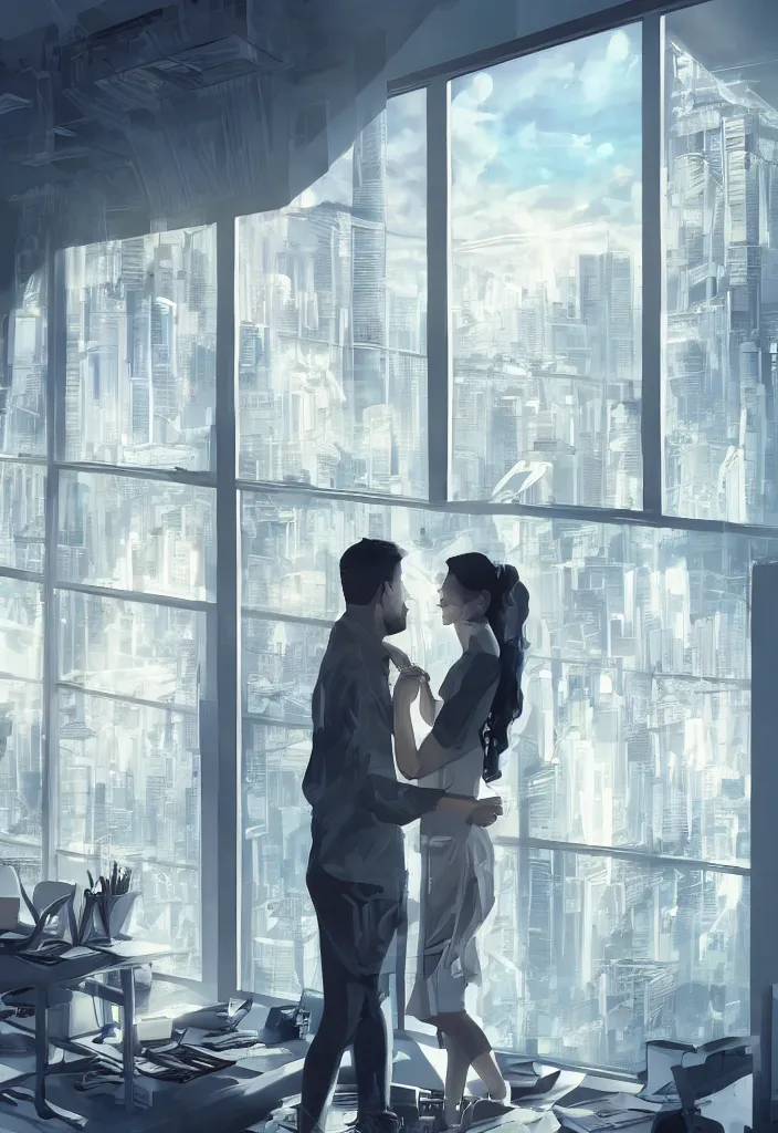 Prompt: wife hugging her sitted husband that at his futuritic desk looking at the window with a futuristic city, rossdraws, global illumination, radiant light, detailed and intricate environment