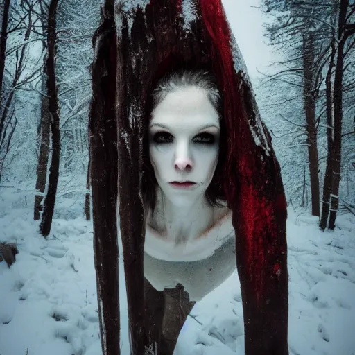 Image similar to blood soaked skinwalker, lanky, skinny, pale skin, snow, forest, dark, horrifying