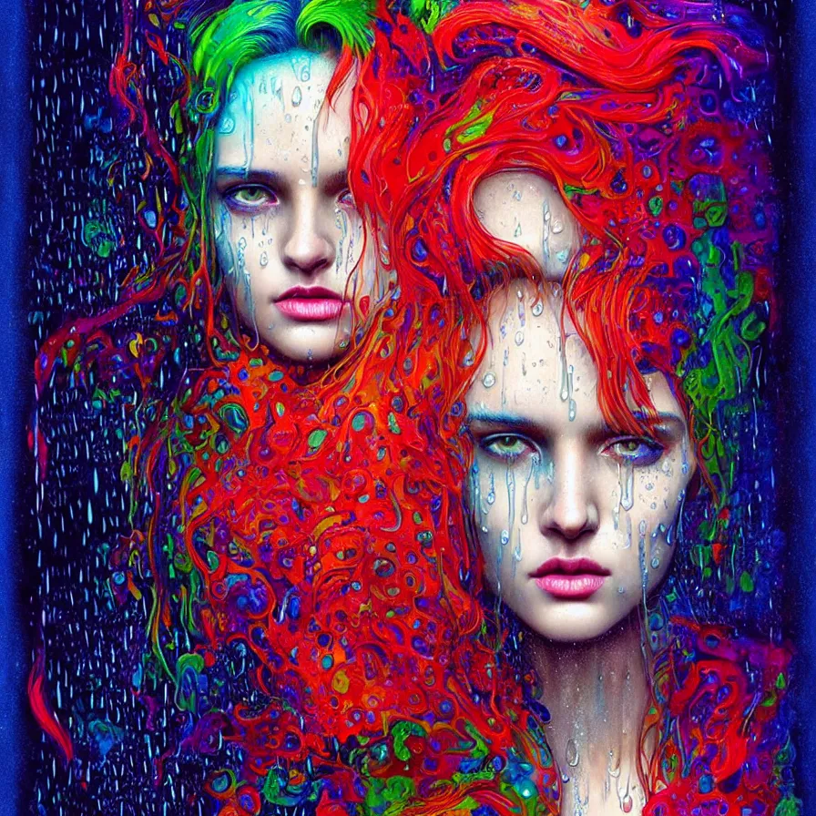 Image similar to bright asthetic portrait of LSD in rain with wet hair and face, liquid, fantasy, intricate, elegant, dramatic lighting, highly detailed, lifelike, photorealistic, digital painting, artstation, illustration, concept art, smooth, sharp focus, art by John Collier and Albert Aublet and Krenz Cushart and Artem Demura and Alphonse Mucha