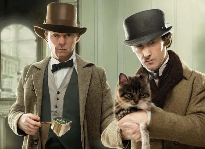 Image similar to film still if a cut kitten as sherlock holmes in the new sherlock holmes movie, 8 k