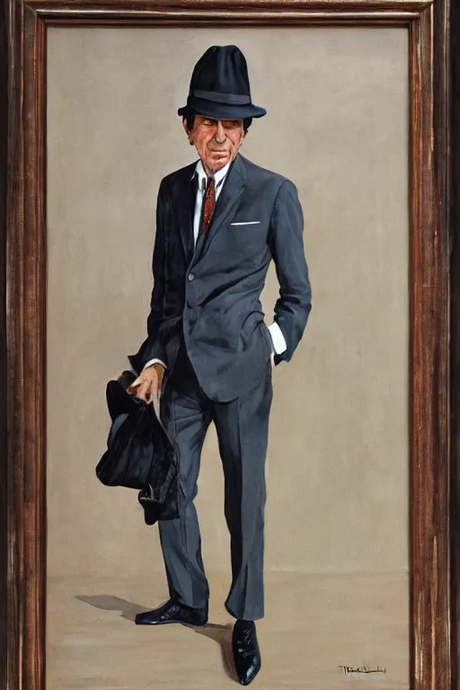 Image similar to portrait of leonard cohen, wearing trilby, immaculately dressed, by Frank McCarthy