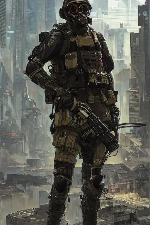 Image similar to Hosea. USN special forces futuristic recon operator, cyberpunk military hazmat exo-suit, on patrol in the Australian autonomous zone, deserted city skyline. 2087. Concept art by James Gurney and Alphonso Mucha