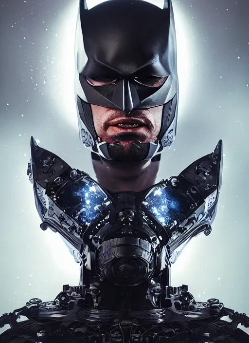 Image similar to portrait of futuristic batman cyborg, dark art, modern fine art, fractal, intricate, elegant, highly detailed, digital photography, subsurface scattering, by jheronimus bosch and frank miller and greg rutkowski,