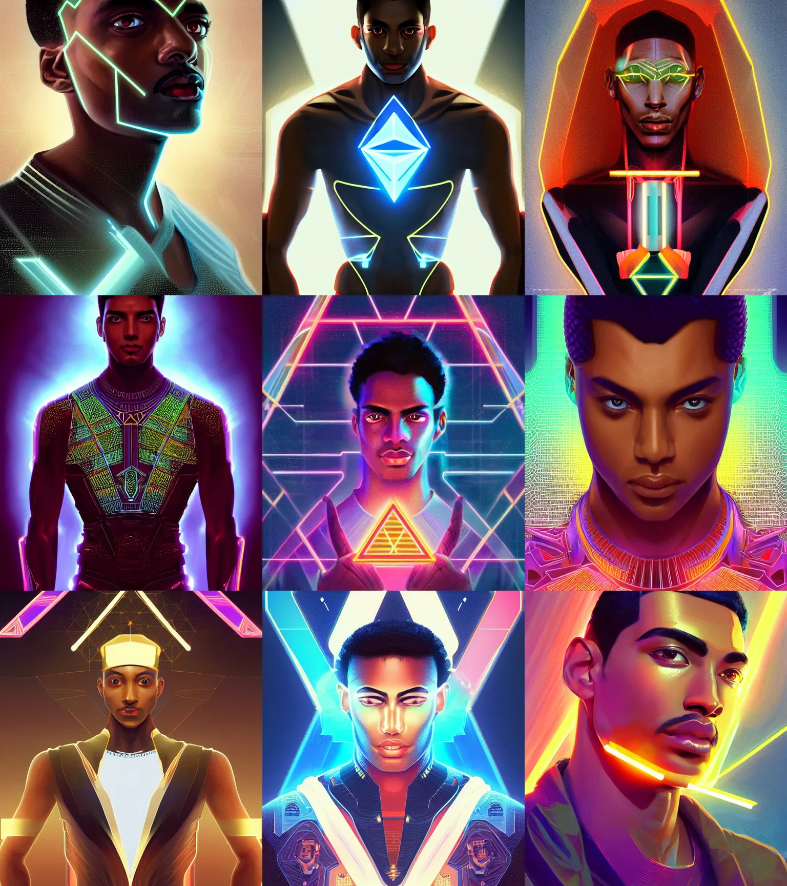 Prompt: symmetry!! egyptian prince of technology, solid cube of light, hard edges, product render retro - futuristic poster scifi, lasers and neon circuits, brown skin man egyptian prince, intricate, elegant, heroic, highly detailed, digital painting, artstation, concept art, smooth, sharp focus, illustration, dreamlike, art by artgerm, wlop