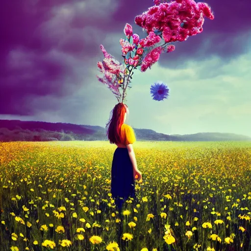 Image similar to girl with a blooming flower for a head, surreal photography, dream, standing in flower field, magical, in a valley, sunrise dramatic light, impressionist painting, colorful clouds, artstation, simon stalenhag, blooming flower face