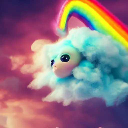 Prompt: cutest tiny fantasy cloud animal, with sprouting rainbow hair, hd, japanese anime artist drawn, dlsr, dream animal cute eyes, trending on artstation, cotton candy, octane render, cinematic