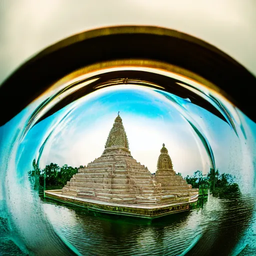 Prompt: macro photo of a temple inside a water sphere, depth of field, highly detailed photo