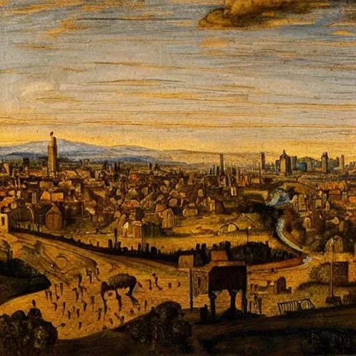 Prompt: beautiful medieval landscape, golden hours, little dirty city seen from afar in the style of Arent Arentsz (1585–1631), Dutch landscape painter