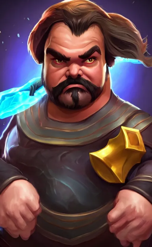 Image similar to Jack Black as a character in the game League of Legends, with a background based on the game League of Legends, detailed face, old 3d graphics