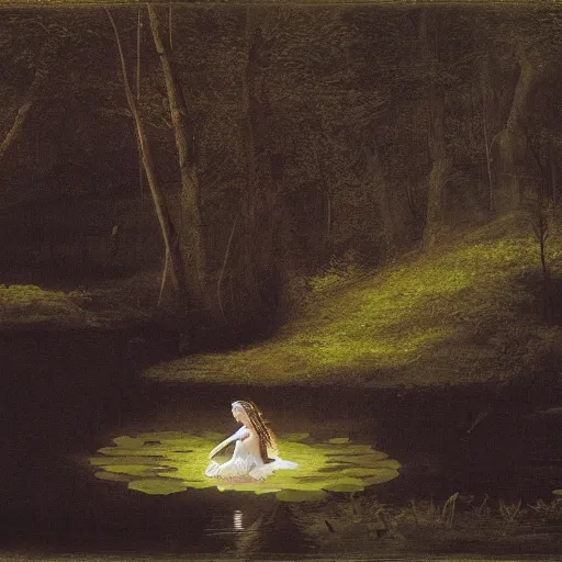 Prompt: rusalka sits by a pond in an apocalyptic dark forest at night, by john martin