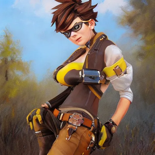 prompthunt: oil painting of tracer overwatch in a field wearing large  leather belt choker around neck, in style of mark arian, expressive face,  detailed face, detailed eyes, full body, feminine face, tracer
