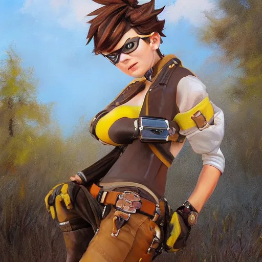 Image similar to oil painting of tracer overwatch in a field wearing large leather belt choker around neck, in style of mark arian, expressive face, detailed face, detailed eyes, full body, feminine face, tracer overwatch,