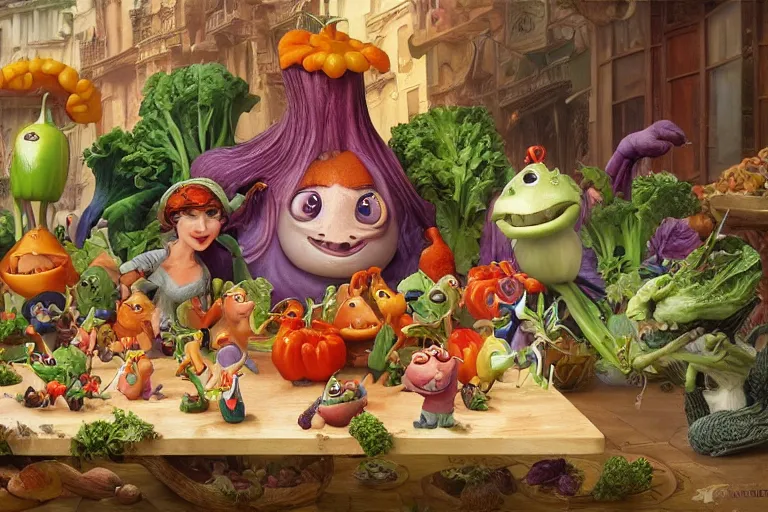 Image similar to vegetable small creatures parade on a cutting board. kitchen in the background. digital art, realistic, pixar style, highly detailed, cinematic, matte painting, vivid colors, realistic, epic, low angle, lighting, by greg rutkowski and artgerm and alphonse mucha