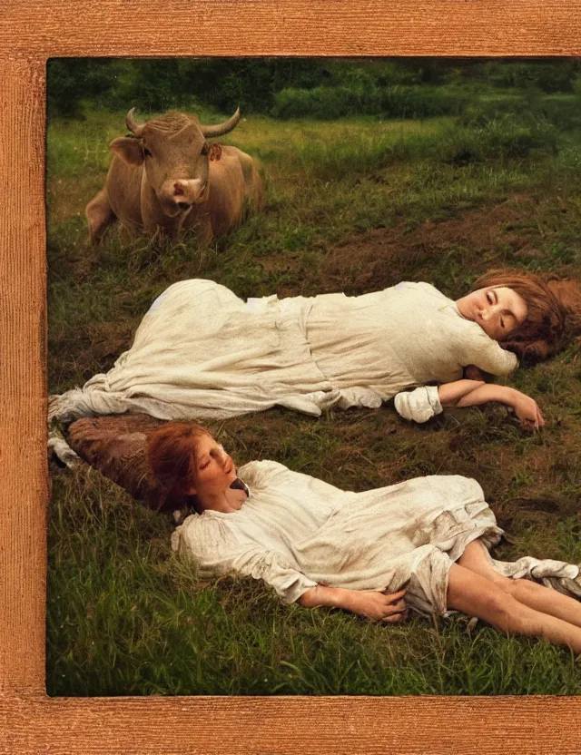 Image similar to peasant girl laying on a cow on a farm, cottage core, polaroid photo bleached vintage pastel colors high - key lighting, soft lights, foggy, by steve hanks, by lisa yuskavage, by serov valentin, by tarkovsky, 8 k render, detailed, oil on canvas