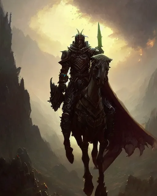 Prompt: ethereal paladin wearing lustrous obsidian plate armor, dark fantasy scenery by greg rutkowski and frank frazetta, marc simonetti