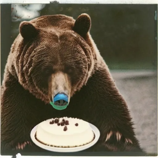 Image similar to polaroid photo of a bear eating cake