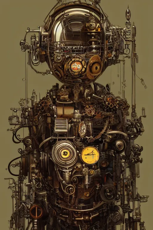 Image similar to a portrait of a steampunk robot, realistic, artstation, illustration by silvio camboni, yoshitaka amano, katsuhiro otomo, victo ngai, james gurney, brom, jeffrey jones, steampunk concept art, alphonse mucha