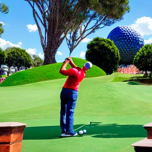 Image similar to a giant playing teeing up a shot in golf using the spaceship earth attraction at epcot in real life, highly detailed, extremely high resolution, ultra realistic