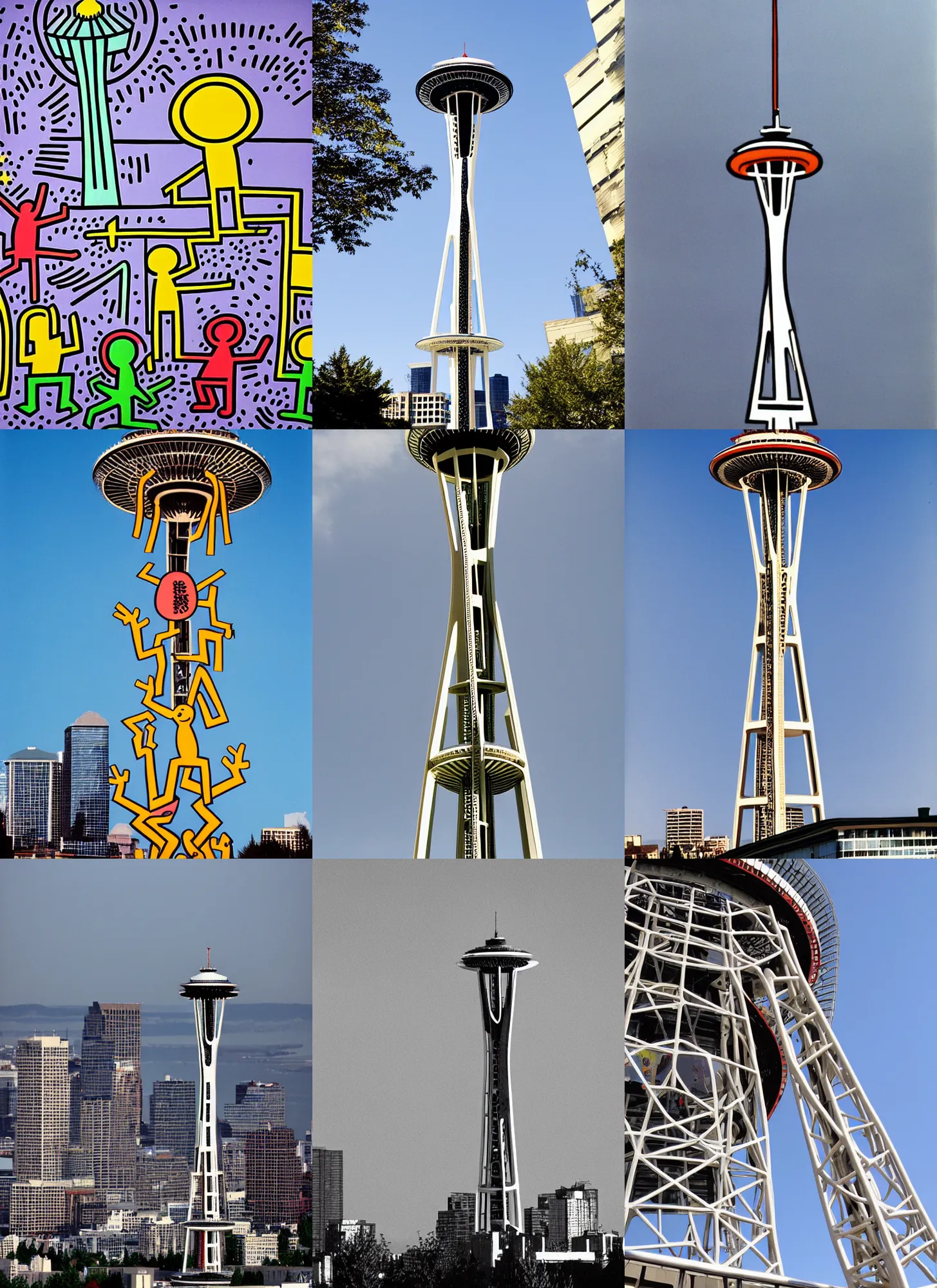 Prompt: space needle, by keith haring