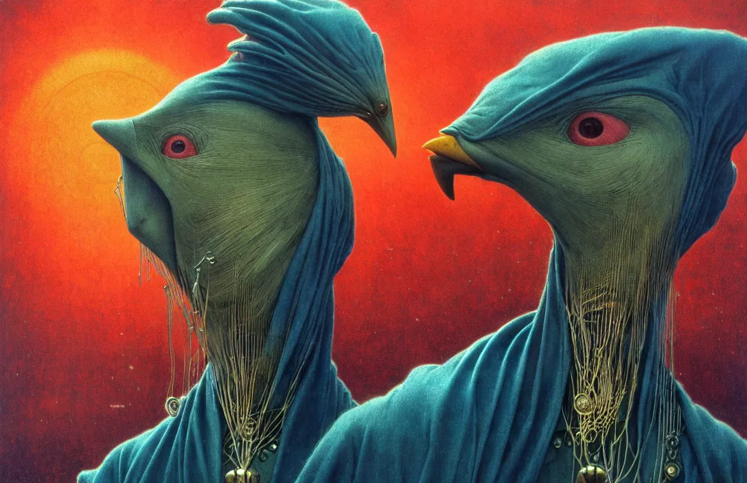 Prompt: realistic detailed portrait movie shot of a birdman wearing a dark robes, sci fi city landscape background by denis villeneuve, amano, yves tanguy, alphonse mucha, ernst haeckel, max ernst, roger dean, masterpiece, rich moody colours, dog teeth, blue eyes, sunset