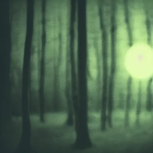 Prompt: film frame of a dark forest full of dead trees at night, a green glowing humanoid emerges from it, creepy, moonlight, horror, uncanny, old camera footage, REC sign,