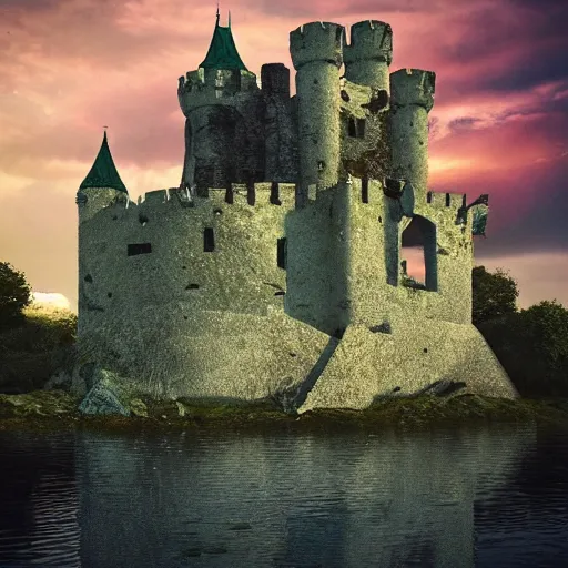 Image similar to | type : 3 d render | style : fantasy, detailed, hyperrealism | subject : a crumbling castle on a floating boulder | colors : gold and blue and green | scene : sky full of clouds during sunset | subject description : old and beautiful decaying castle | lighting : golden sunset | emotion : warm, peaceful | params :