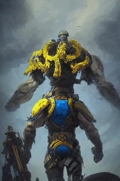 Image similar to a distant shot from behind of a Ukrainian super soldier with blue and yellow flag behind him standing alone on a huge pile of skulls as a winner, masculine muscular figure, D&D, fantasy, intricate, elegant, highly detailed, extremely detailed, digital painting, artstation, concept art, matte, sharp focus, symmetrical, hyperrealistic, illustration, art by Artgerm and Greg Rutkowski and Alphonse Mucha