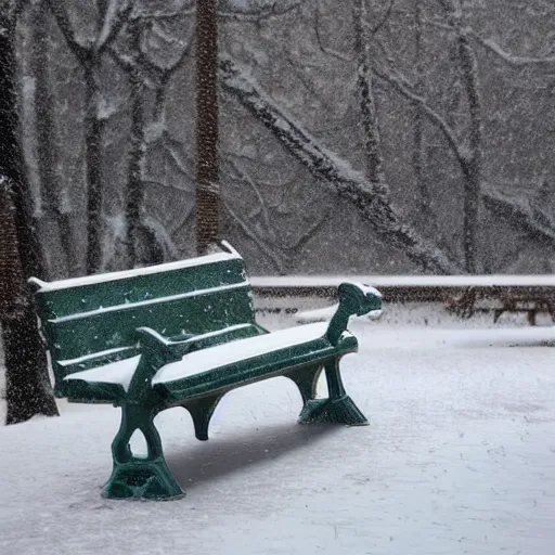 Image similar to a park bench under falling snowflakes, trending on artstation