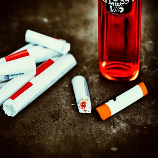 Image similar to blood flows from a bottle of vodka, next to a pack of cigarettes, photo in color