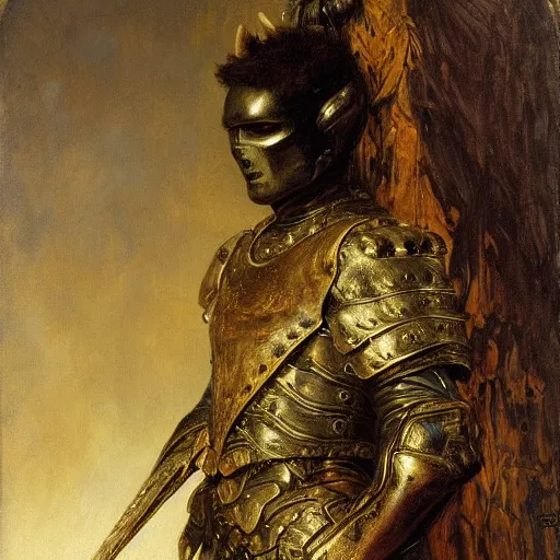 Image similar to a young man wearing a black armor holding the head of a predator, highly detailed painting by gaston bussiere and j. c. leyendecker 8 k the black armor is made by gustave dore