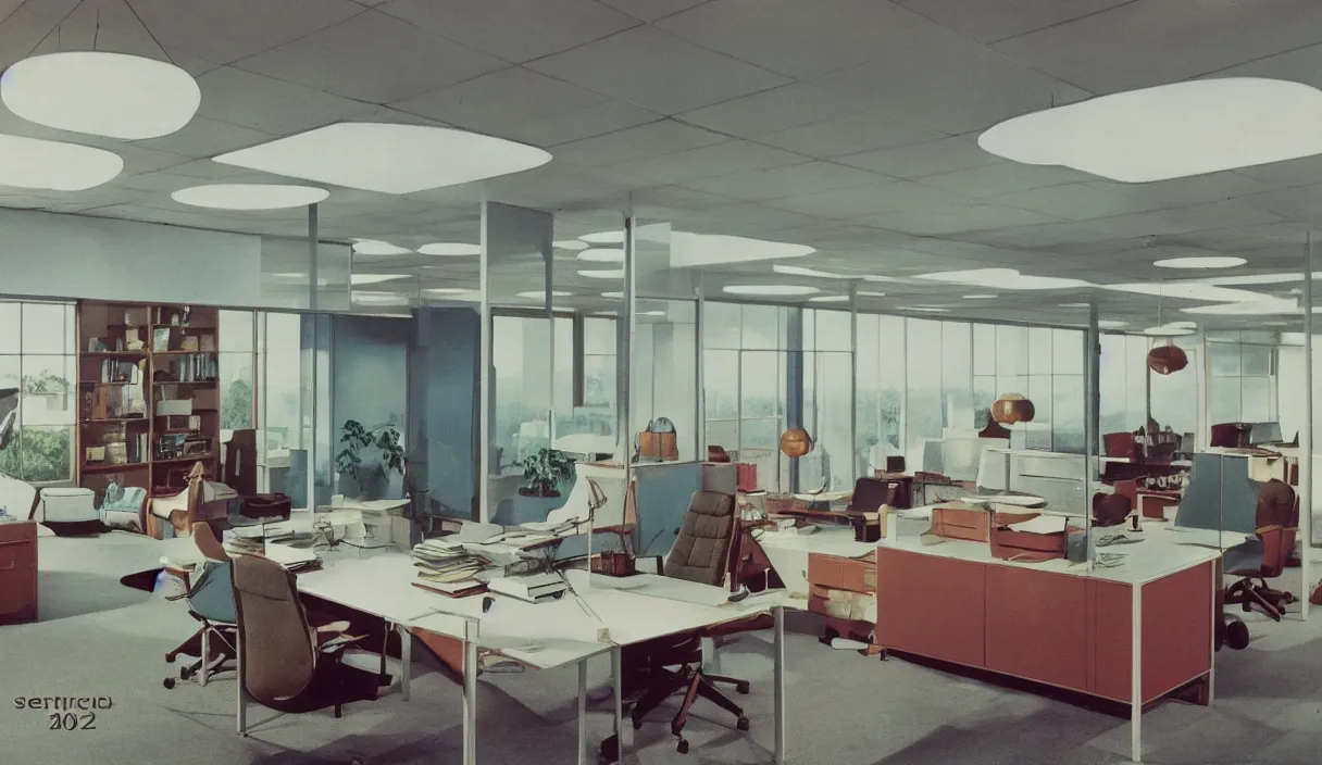 Image similar to a 7 0 s prisunic catalog with the indoor office of severance series ( 2 0 2 2 ), in color