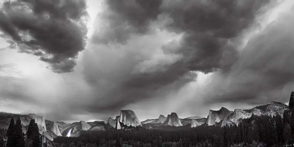 Prompt: yosemite national park during a thunder storm award winning photography by ansel adams