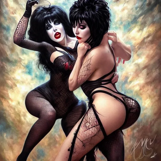 Prompt: two beautiful girls fighting in elvira cosplay with black hair in fully tattooed body and fishnet clothes fully on, beautiful detailed face, white face makeup, big red lips, black eye makeup, art by wlop and karol bak and gennady ulybin and stanley lau and artgem and magali villeneuve