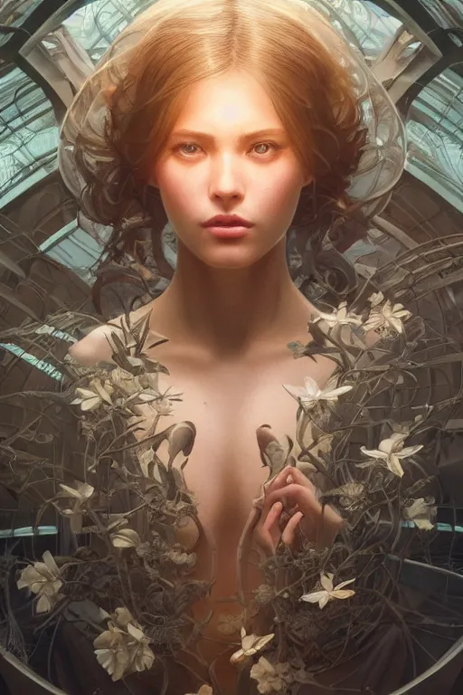 Image similar to beautiful and enigmatic ai held captive in a remote research facility. vulnerability and innocence, ultra realistic, sharp details, subsurface scattering, intricate details, warm lighting, beautiful features, highly detailed, photorealistic, octane render, 8 k, unreal engine, art by artgerm and greg rutkowski and alphonse mucha