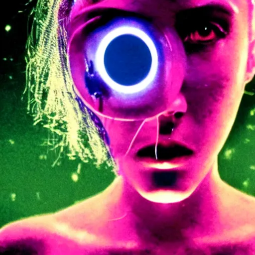 Image similar to movie still of the alien girl, cinematic composition, cinematic light, by david lynch and gaspar noe