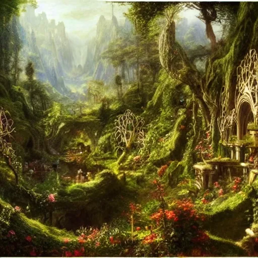 Image similar to a beautiful and highly detailed matte painting of an elven garden in a mystical forest in a dreamy valley deep in the tall mountains of avalon, intricate details, epic scale, insanely complex, 8 k, sharp focus, hyperrealism, very realistic, by caspar friedrich, albert bierstadt, james gurney, brian froud,