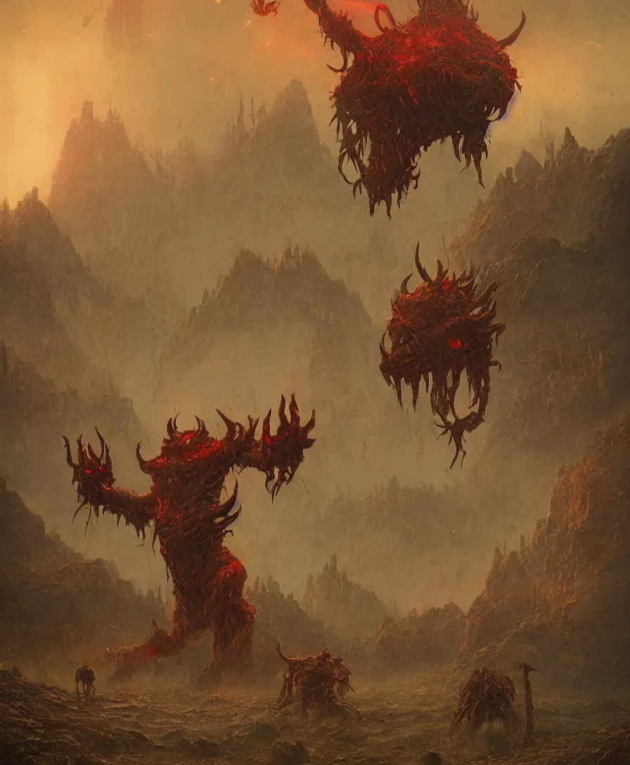 Image similar to giant hangry devil with arms open in tribunal in judgement day, illustrated by Simon Stålenhag and Gaston Bussiere, intricate, ultra detailed, photorealistic, trending on artstation