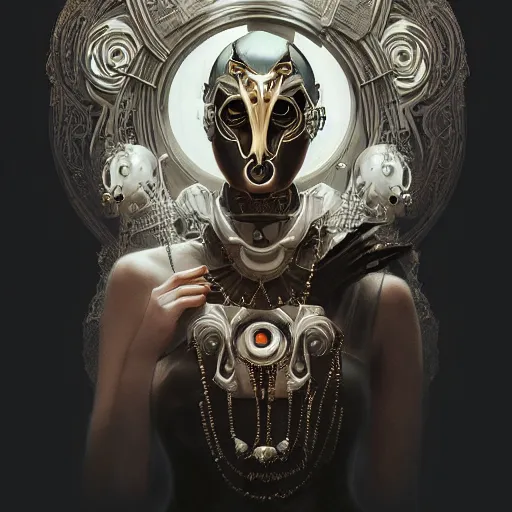 Image similar to a cyborg empress with mask, art nouveau ivory accessories, cyberpunk, darksynth, luxury, concept art by jama jurabaev, extremely detailed, ominous, ethereal, artstation, andree wallin, edvige faini, balaskas, alphonse mucha, symmetry