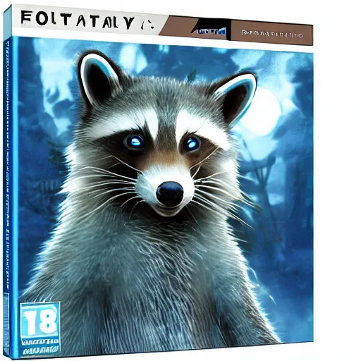 Prompt: final fantasy box art depicting an ethereal blue raccoon