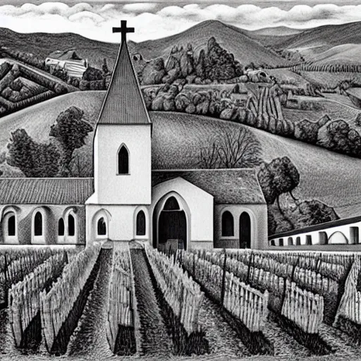 Image similar to Hyperrealism traditional austian church in a vineyard, painting by MC Escher