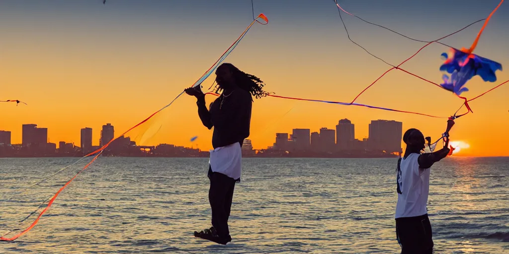 Prompt: Snoop Dogg flying a kite in LBC in the sunset, highly detailed