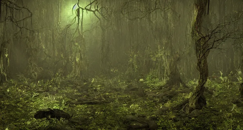 Image similar to A dense and dark enchanted forest with a swamp, from Starcraft