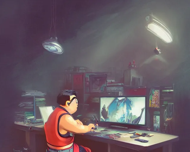 Image similar to an insanely detailed painting of a slightly chubby, nerdy asian man wearing a superhero costume, sitting at a desk, staring at the nervously at the computer and typing, in the style of peter mohrbacher, dramatic lighting and composition, octane render, pixar, trending on artstation, concept art, comic book, view from behind