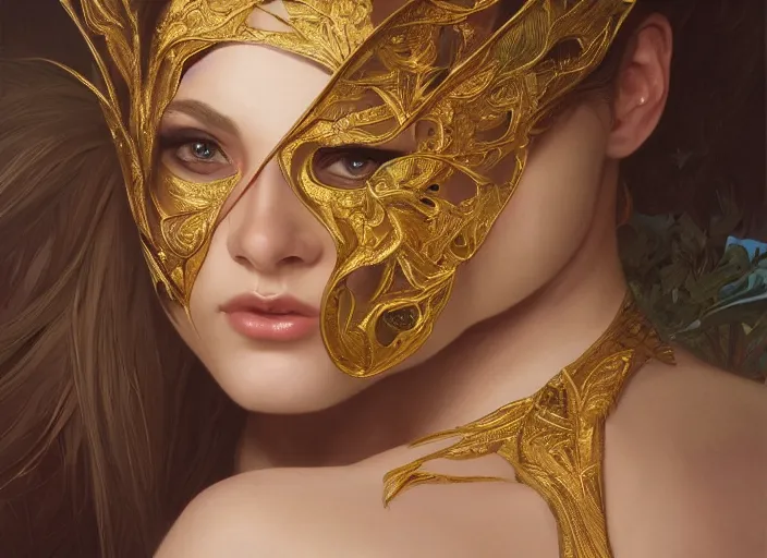 Prompt: masked, perfectly-centered-Portrait of the most beautiful woman on the planet , intricate, highly detailed, artstation, concept art, smooth, sharp focus, illustration,award-winning, Unreal Engine 5, 8K, art by artgerm and greg rutkowski and alphonse mucha